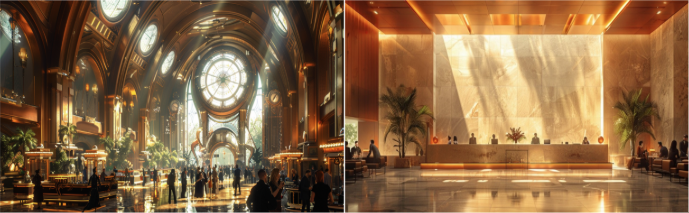 Two grand hotel lobby images generated with Midjourney based on similar text prompts but with distinctly different styles descriptions. This demonstrates lobby examples in Generative AI in hotel design. 