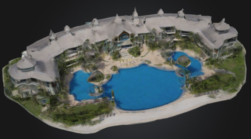 3D mesh-based model created with Meshy AI. Prompt: large sprawling beachfront resort, 3-stories, Shingle Style, symmetrical layout, with large pool in front and canopy at the entrance, ornamental rooftop. This demonstrates how AI models can be useful for Generative AI in hotel design. 
